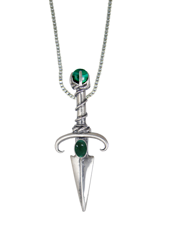 Sterling Silver Black Prince's Knife Dagger Pendant With Fluorite And Malachite